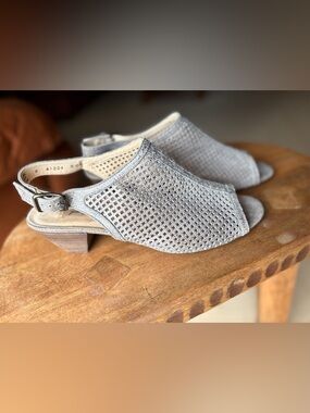 Paul Green “Lois” Perforated Leather Sling-Back Mules Metallic Gray Smoke - 8.5